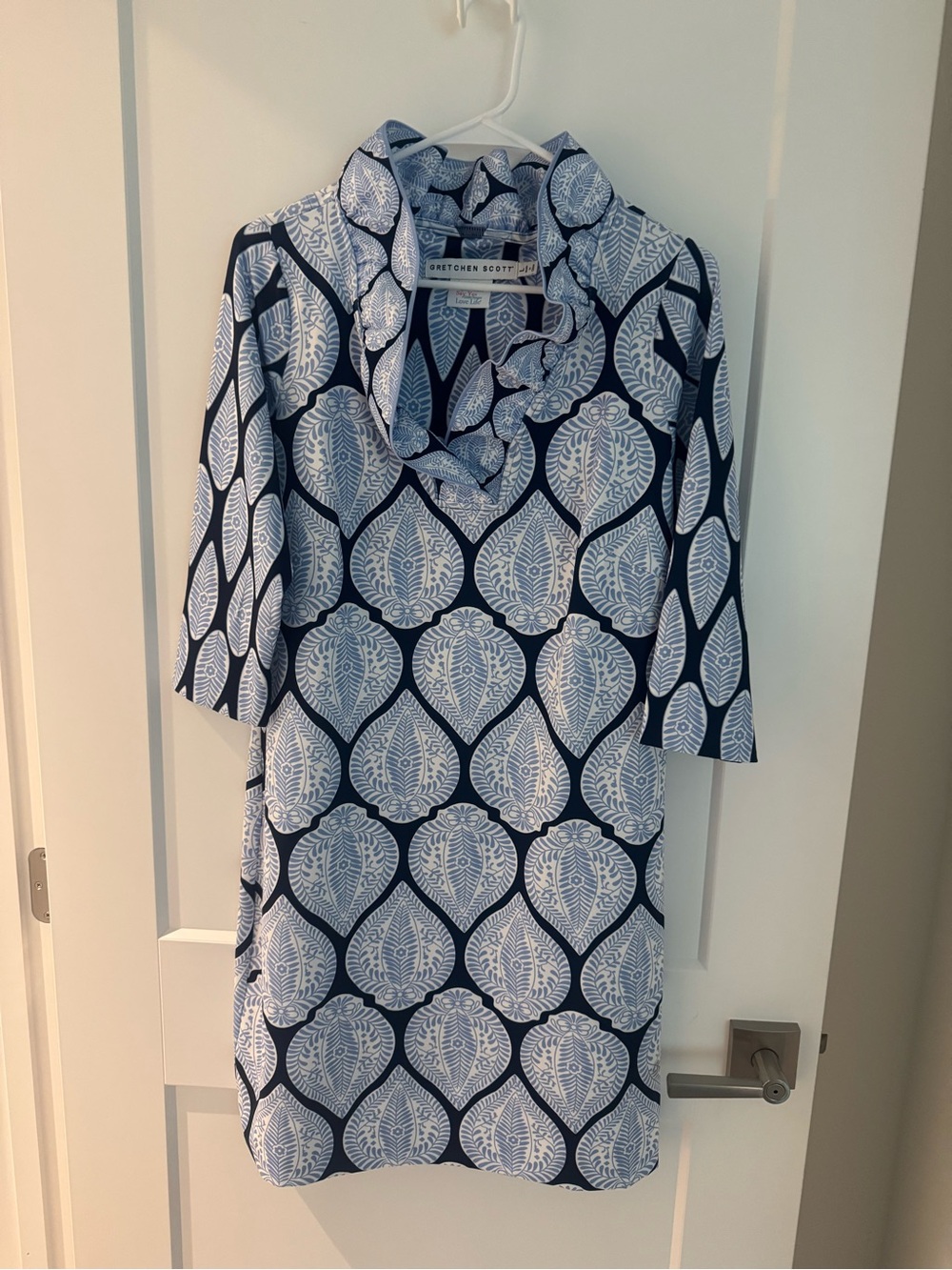 Gretchen Scott Blue White Print Ruffle Neck Tunic Dress